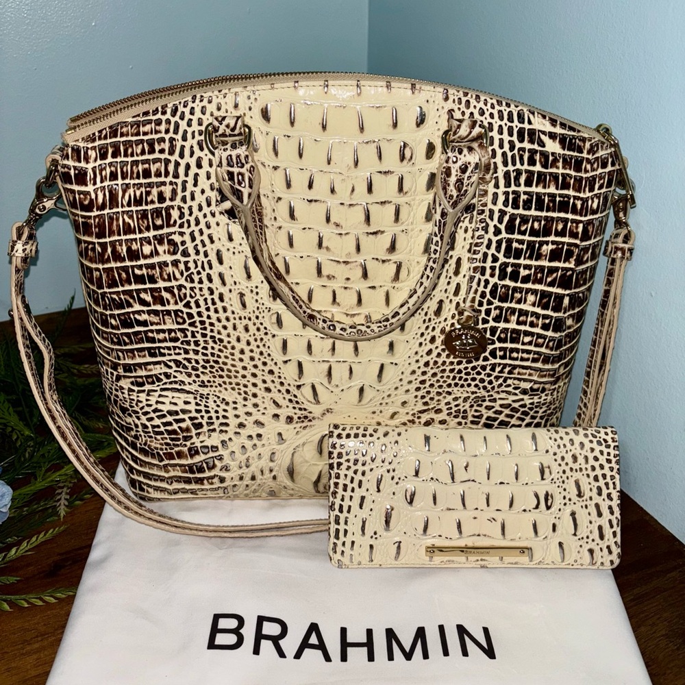 Brahmin Large Duxbury Satchel & Ady Wallet Cream & Brown Croc Embossed 2 Pc Set